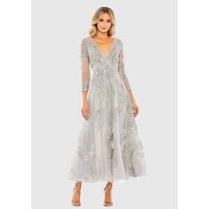 Mac Duggal $495 NEW Silver Embellished Wrap 3/4 Sleeve Dress Gray #A20336 Size 8